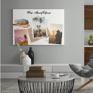 Lienzo personalizado con impresion de fotos de viaje y un texto en un salón moderno