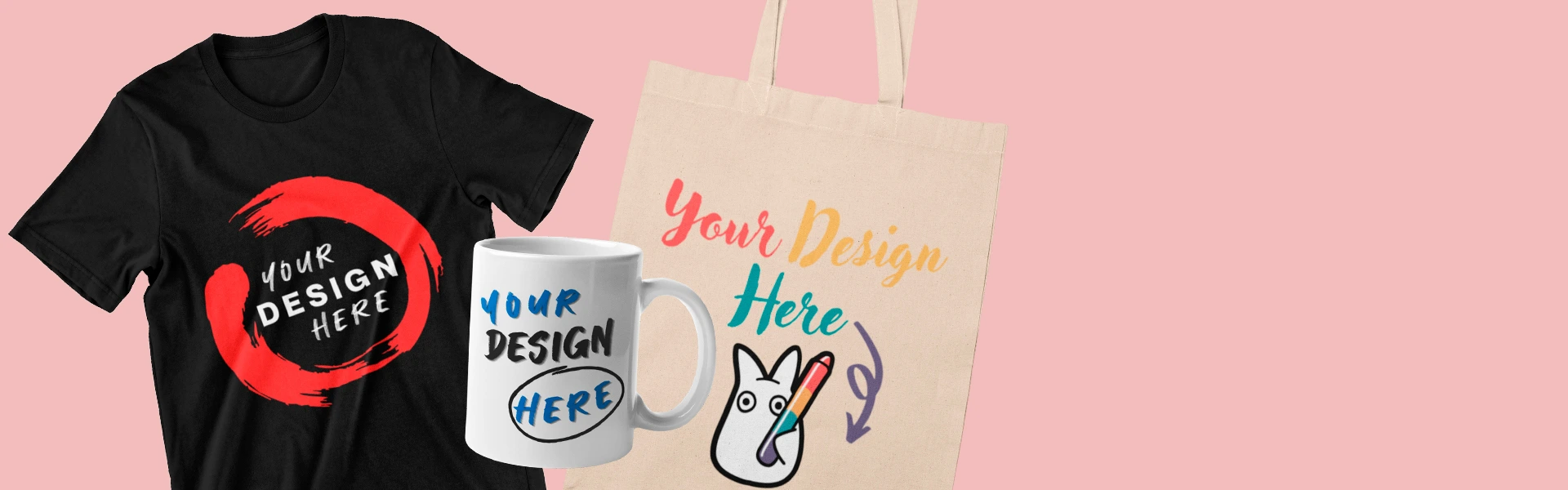  T-shirt, mug and tote bag with the text Your design here printed as personalised gifts