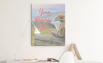  personalised canvas with photo of a traveller with a rucksack and printed text, in an office