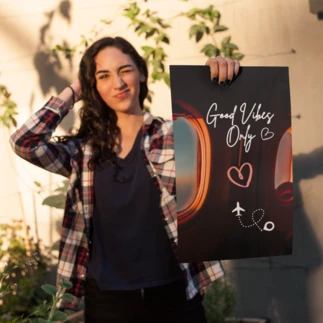 Mujer enseñando el poster Good Vibes Only