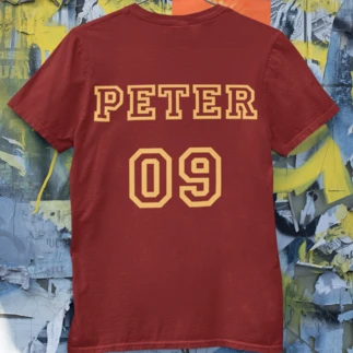  Custom red T-shirt with the name "Peter" and the number "09" on the back