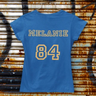  Blue women's T-shirt personalised with the first name Melanie and the number 84.