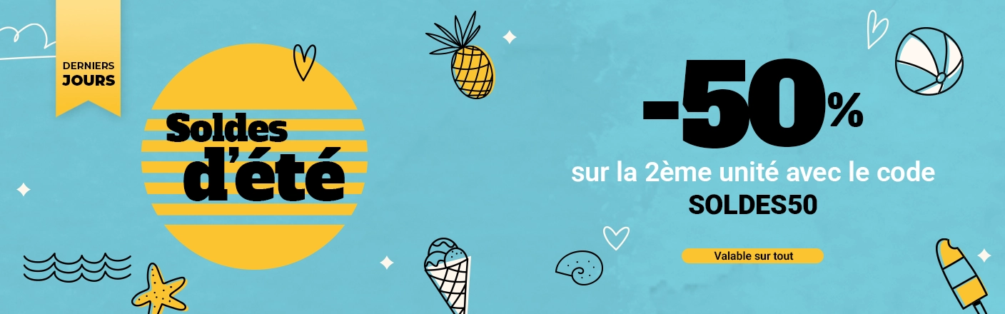 Soldes: -50% sur la 2ème unité. Valable sur tout.